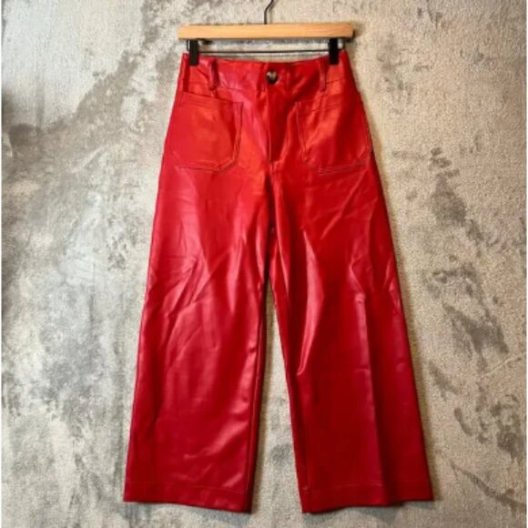 Anthropologie Maeve Colette Faux Leather Cropped Wide Leg Pants Size 26 Petite - Picture 1 of 7